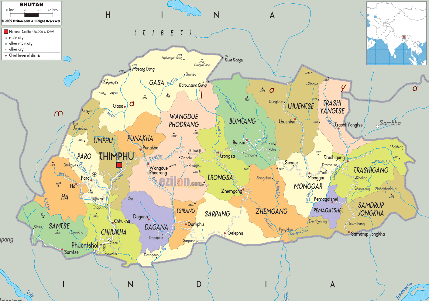 political map of Bhutan